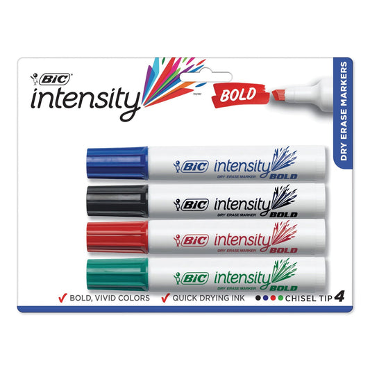 BIC Intensity Bold Tank-Style Dry Erase Marker, Broad Chisel Tip, Assorted Colors, 4/Set
