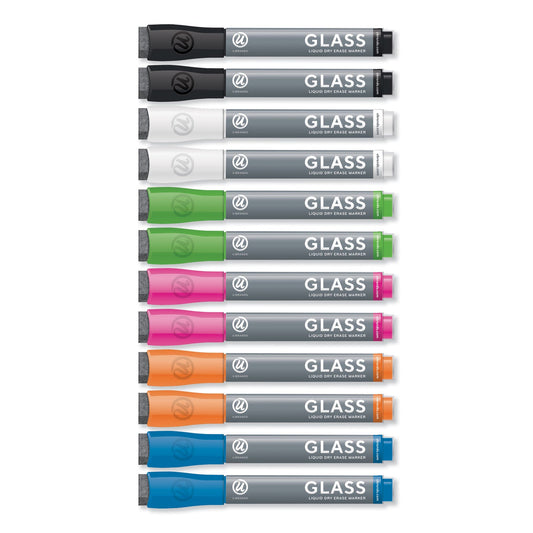 U Brands Bullet Tip Low-Odor Liquid Glass Markers with Erasers, Broad Bullet Tip, Assorted Colors, 12/Pack