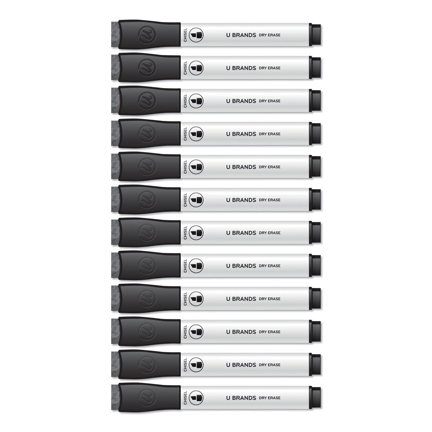 U Brands Chisel Tip Low-Odor Dry-Erase Markers with Erasers, Broad Chisel Tip, Black, Dozen