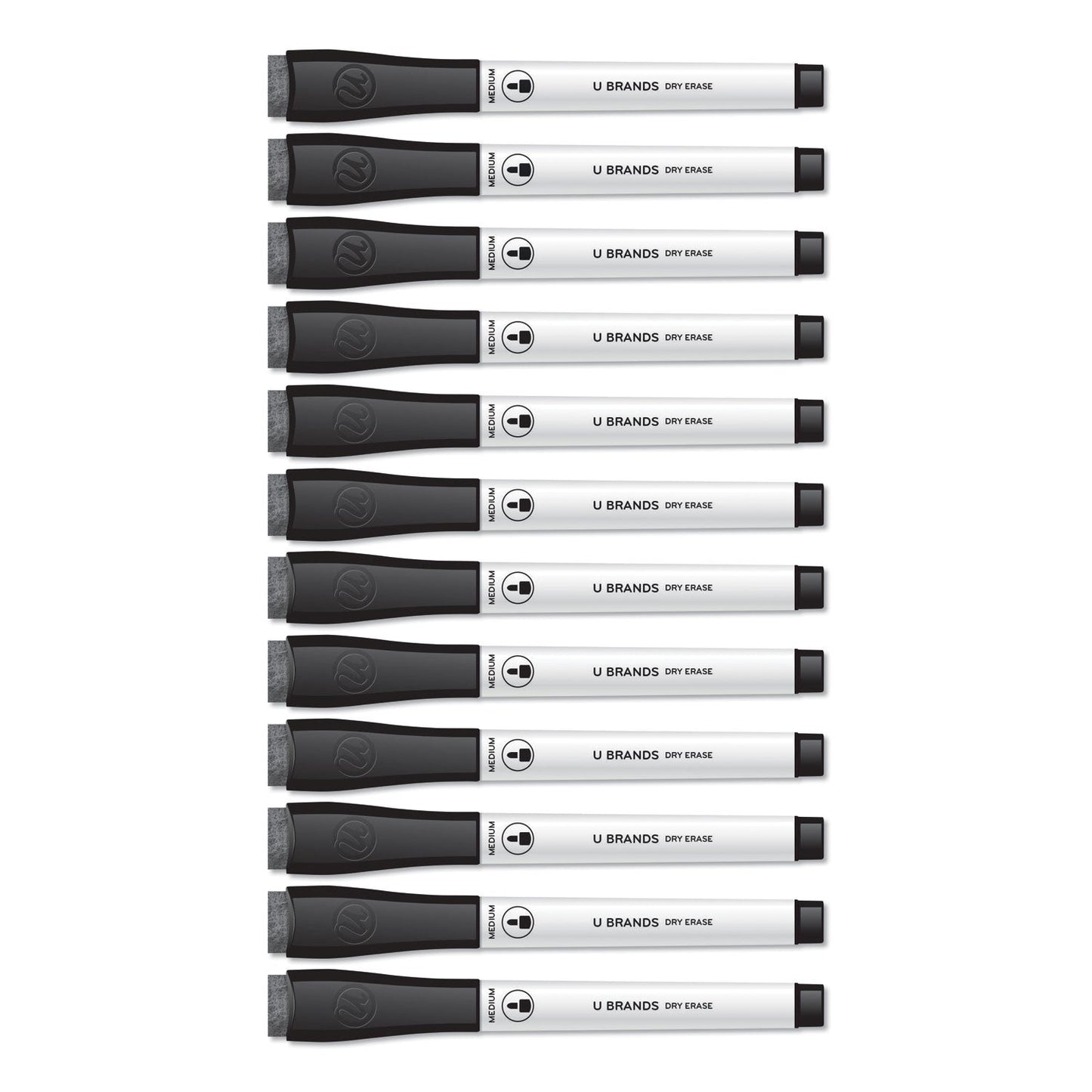 U Brands Medium Point Low-Odor Dry-Erase Markers with Erasers, Medium Bullet Tip, Black, Dozen