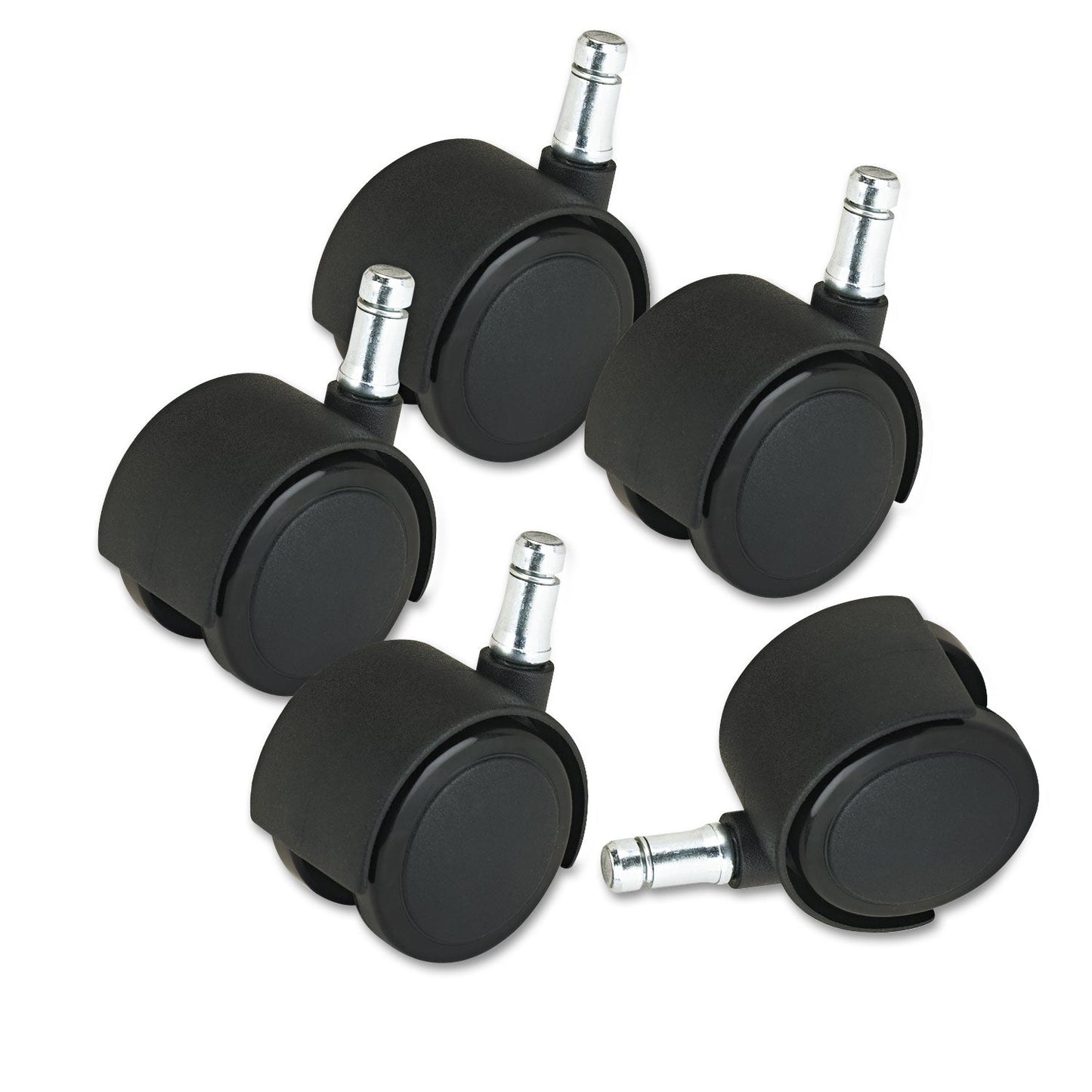 Master Caster Deluxe Duet Casters, Grip Ring Type B and Type K Stems, 2" Hard Nylon Wheel, Matte Black, 5/Set