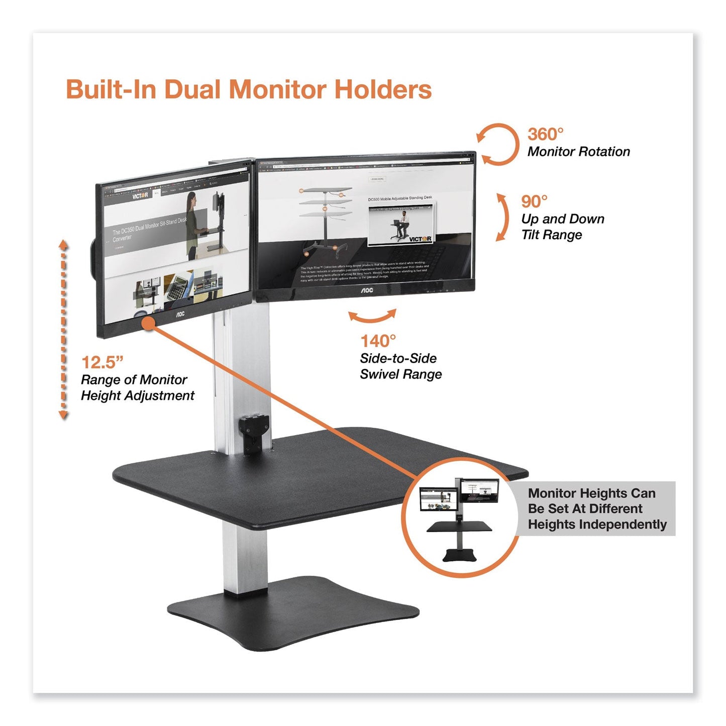 Victor High Rise Electric Dual Monitor Standing Desk Workstation, 28" x 23" x 20.25", Black/Aluminum