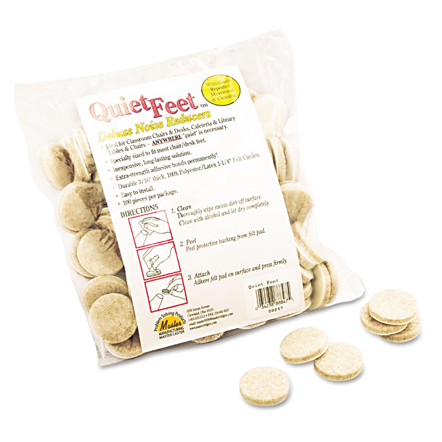 Master Caster Quiet Feet Deluxe Noise Reducers, 1.25" dia, Circular, Beige, 100/Pack