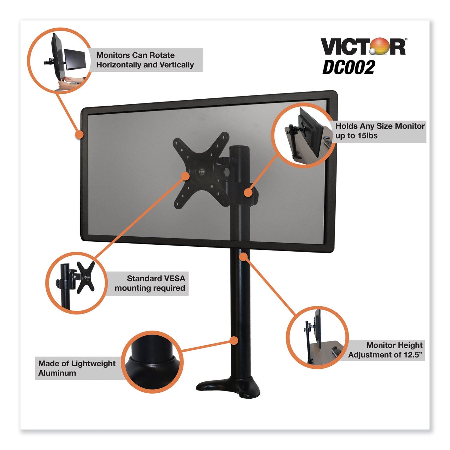 Victor Single/Dual Arm Mount System for 23" Monitors, 180 deg; 225 deg Rotation, 45 deg Tilt, 360 deg Pan, Black, Supports 15 lb
