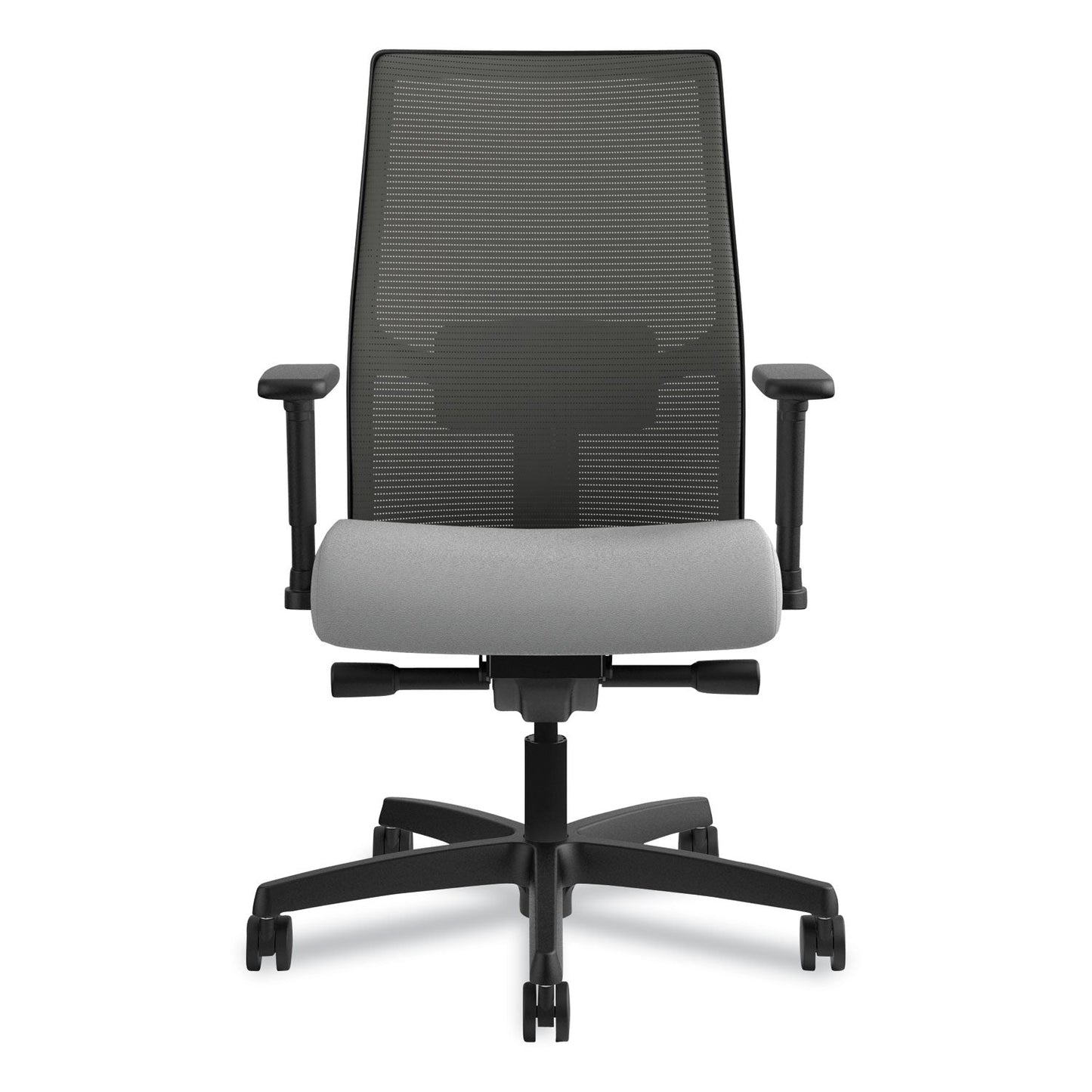 HON Ignition 2.0 4-Way Stretch Mid-Back Mesh Task Chair, Supports 300 lb, 17" to 21" Seat, Frost Seat, Charcoal Back, Black Base