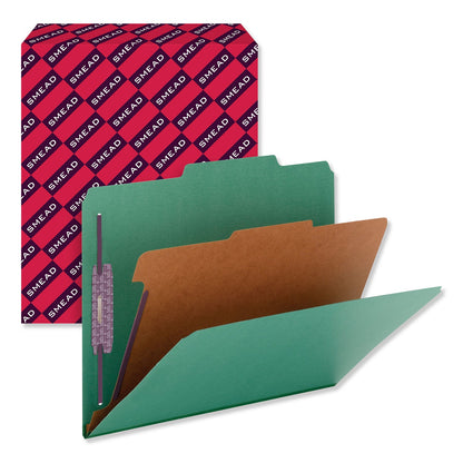 Smead Four-Section Pressboard Top Tab Classification Folders with SafeSHIELD Fasteners, 1 Divider, Letter Size, Green, 10/Box