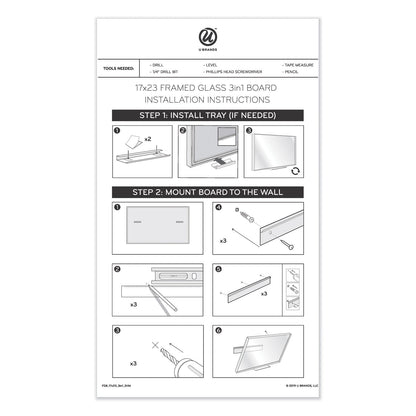 U Brands 3N1 Magnetic Glass Dry Erase Combo Board, 36 x 24, Month View, White Surface and Frame