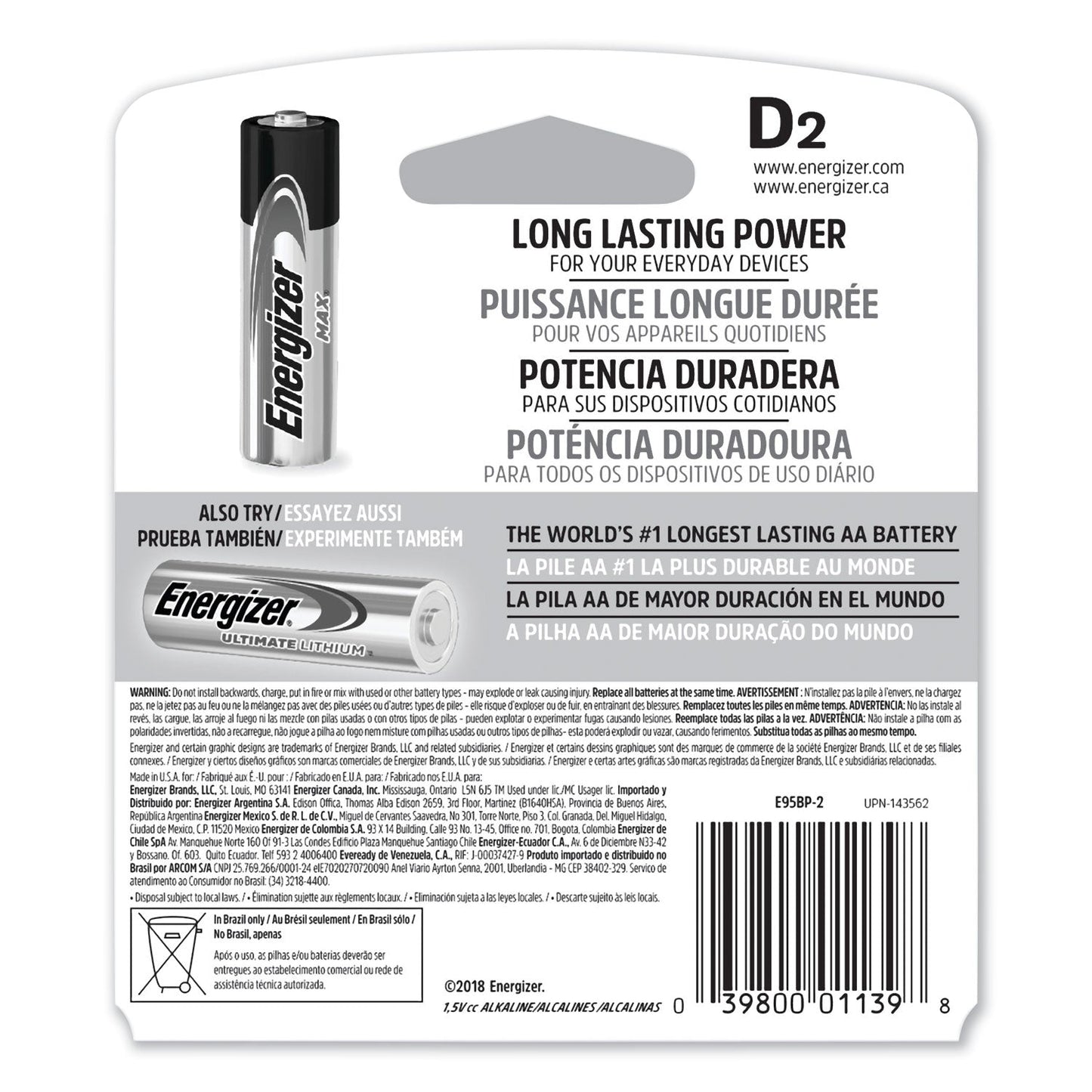 Energizer MAX Alkaline D Batteries, 1.5 V, 2/Pack