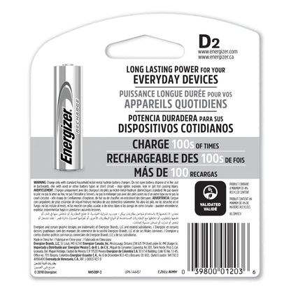 Energizer NiMH Rechargeable D Batteries, 1.2 V, 2/Pack