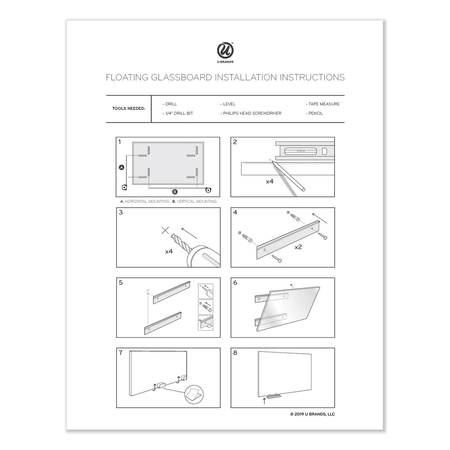 U Brands Floating Glass Dry Erase Board, 72 x 36, White
