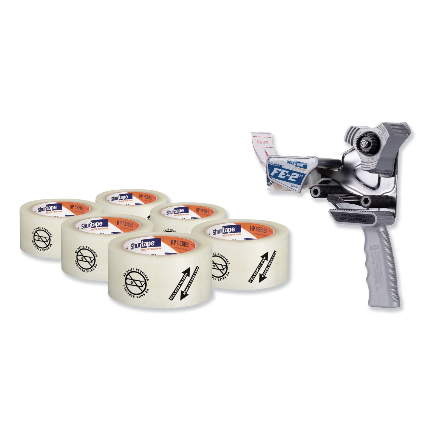 Duck Folded Edge Tape Dispenser with Folded Edge Tape with 6 Rolls of Tape,  3" Core, For Rolls Up to 2.08" x 110 yds, Gray
