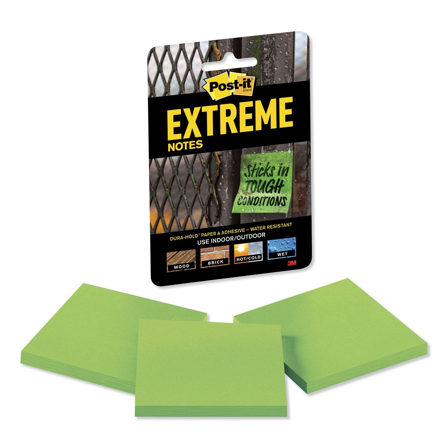 Post-it Water-Resistant Self-Stick Notes, 3" x 3", Green, 45 Sheets/Pad, 3 Pads/Pack