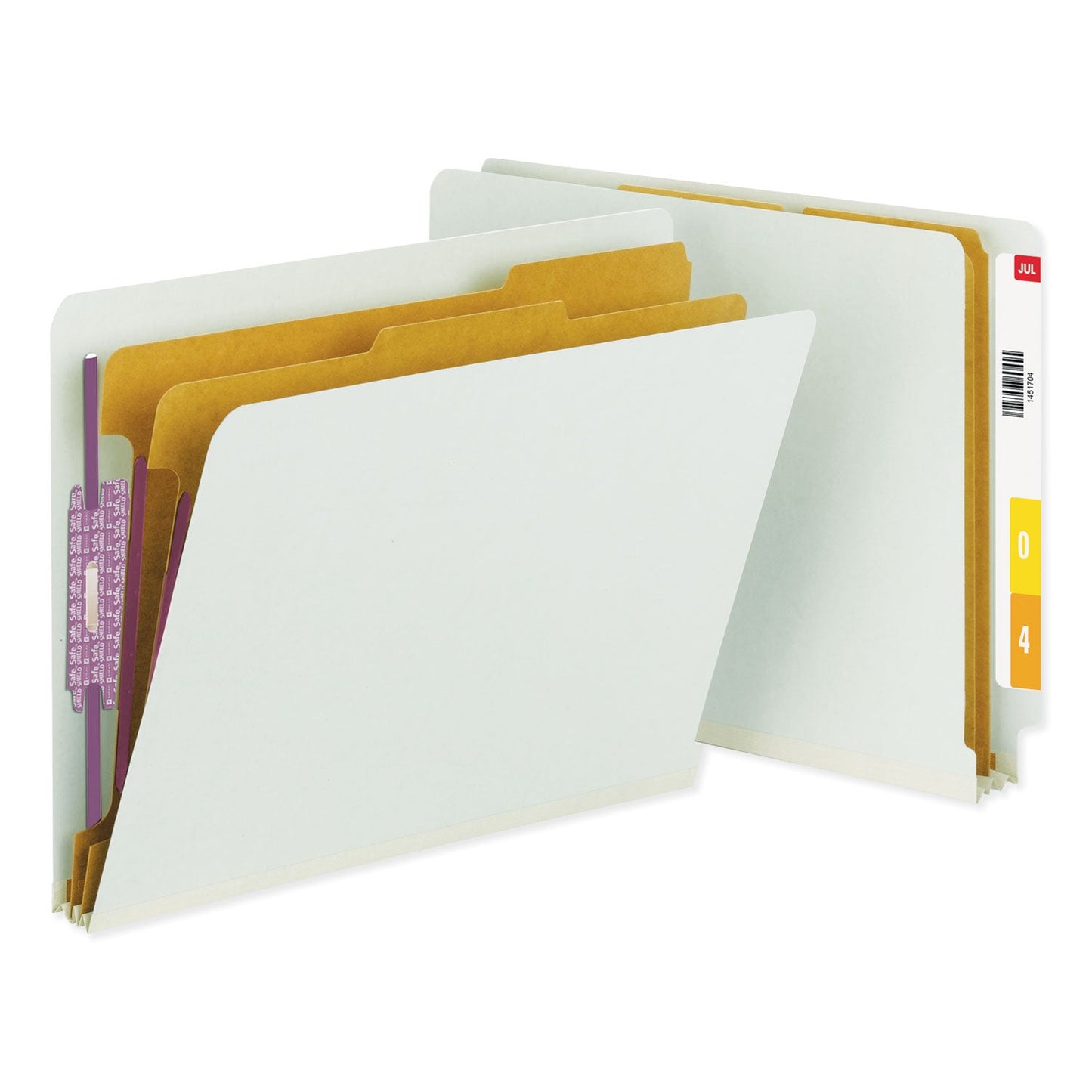 Smead End Tab Pressboard Classification Folders with SafeSHIELD Coated Fasteners, 2 Dividers, Letter Size, Gray-Green, 10/Box