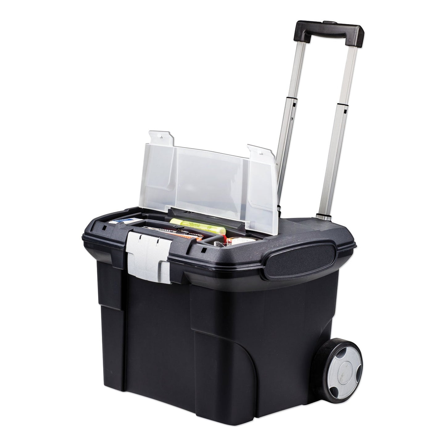 Storex Premium Mobile File Transport Box with Telescoping Handle and Organizer Tray, Letter Files, 15" x 16.38" x 14.25", Black/Gray