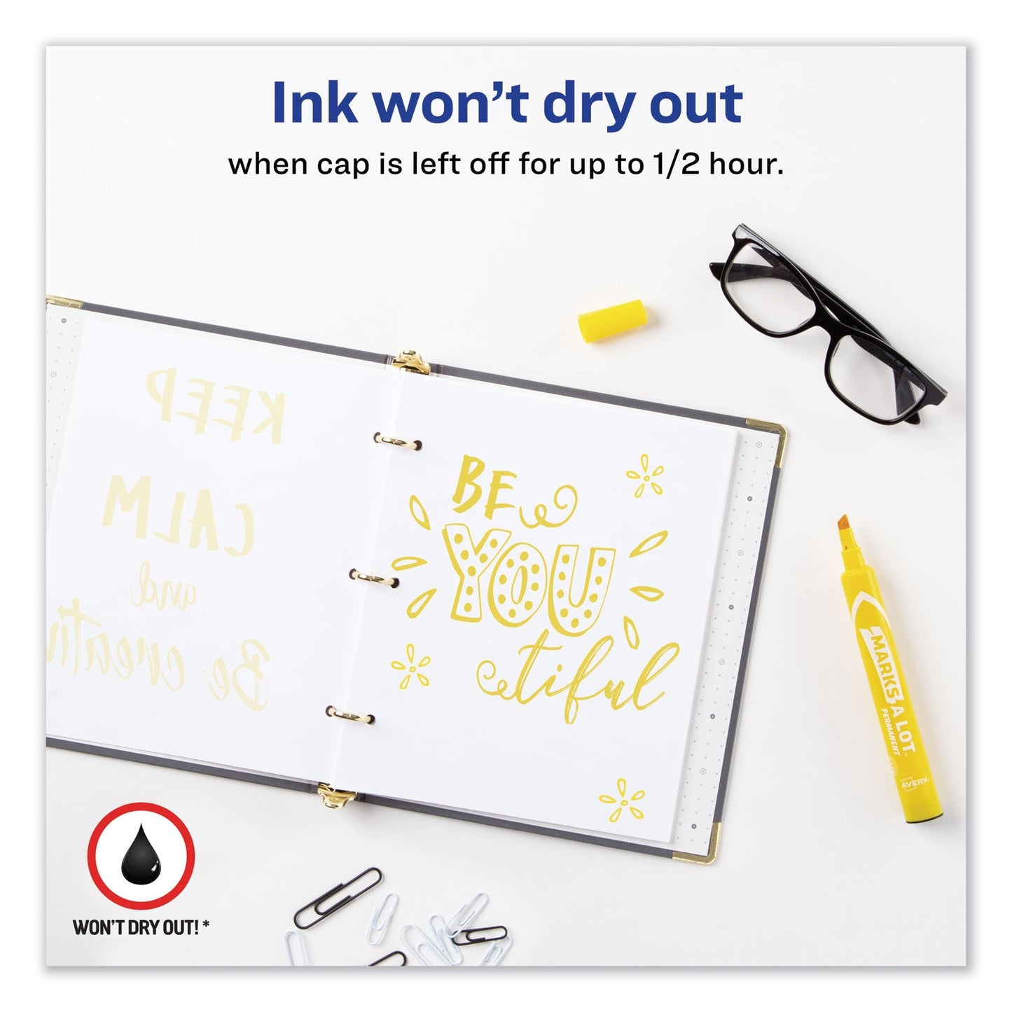 Avery MARKS A LOT Large Desk-Style Permanent Marker, Broad Chisel Tip, Yellow, Dozen (8882)