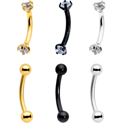3/8 Clear CZ Gem PVD Curved Eyebrow Ring Set of 6