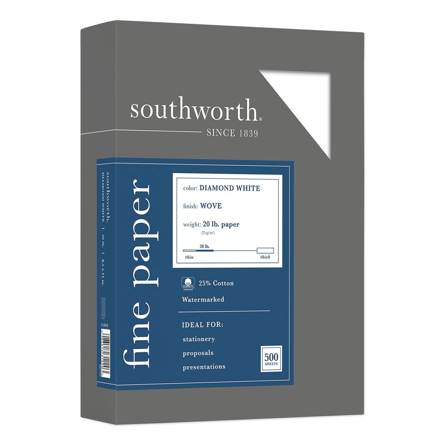 Southworth 25% Cotton Diamond White Business Paper, 95 Bright, 20 lb Bond Weight, 8.5 x 11, 500/Ream