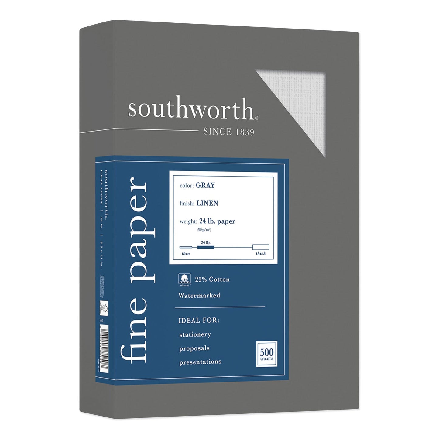 Southworth 25% Cotton Linen Business Paper, 24 lb Bond Weight, 8.5 x 11, Gray, 500/Ream