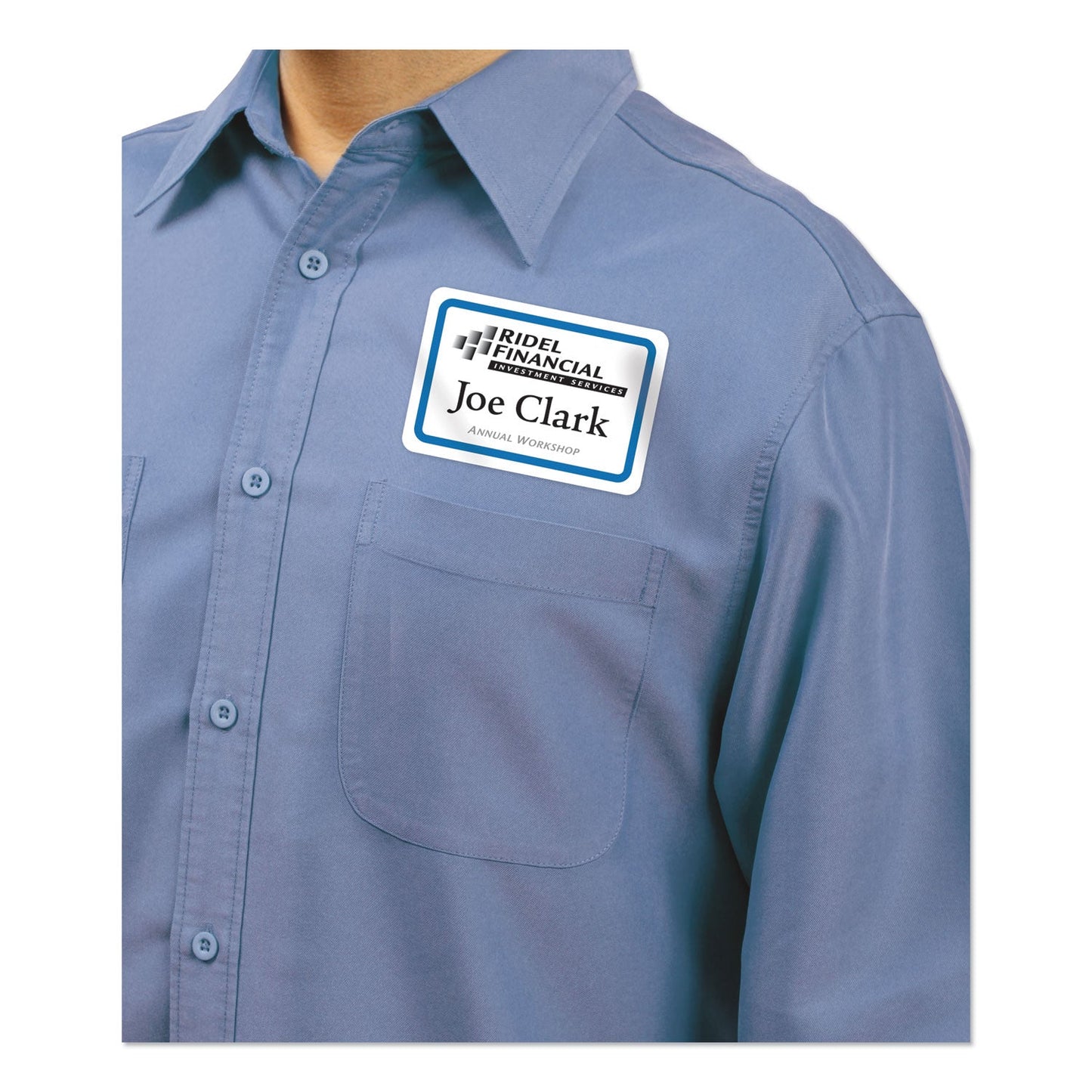 Avery Flexible Adhesive Name Badge Labels, 3.38 x 2.33, White/Blue Border, 40/Pack