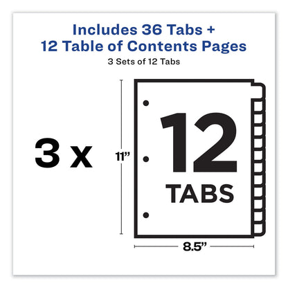 Avery Customizable Table of Contents Ready Index Dividers with Multicolor Tabs, 12-Tab, 1 to 12, 11 x 8.5, White, 3 Sets