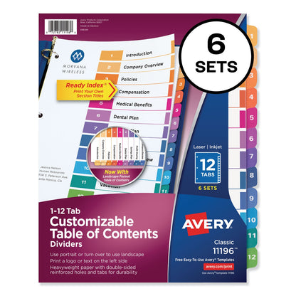 Avery Customizable TOC Ready Index Multicolor Tab Dividers, 12-Tab, 1 to 12, 11 x 8.5, White, Traditional Color Tabs, 6 Sets