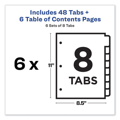 Avery Customizable TOC Ready Index Multicolor Tab Dividers, 8-Tab, 1 to 8, 11 x 8.5, White, Traditional Color Tabs, 6 Sets