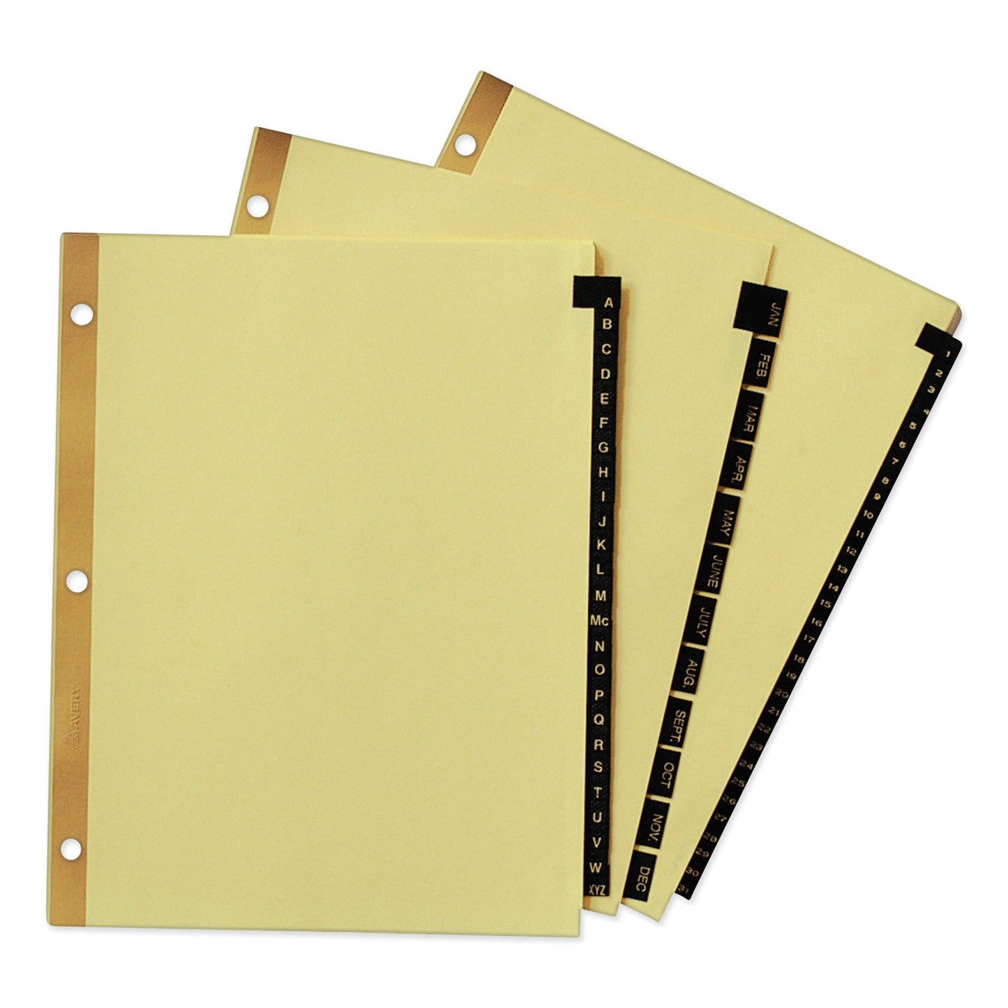 Avery Preprinted Black Leather Tab Dividers w/Gold Reinforced Edge, 12-Tab, Jan. to Dec., 11 x 8.5, Buff, 1 Set