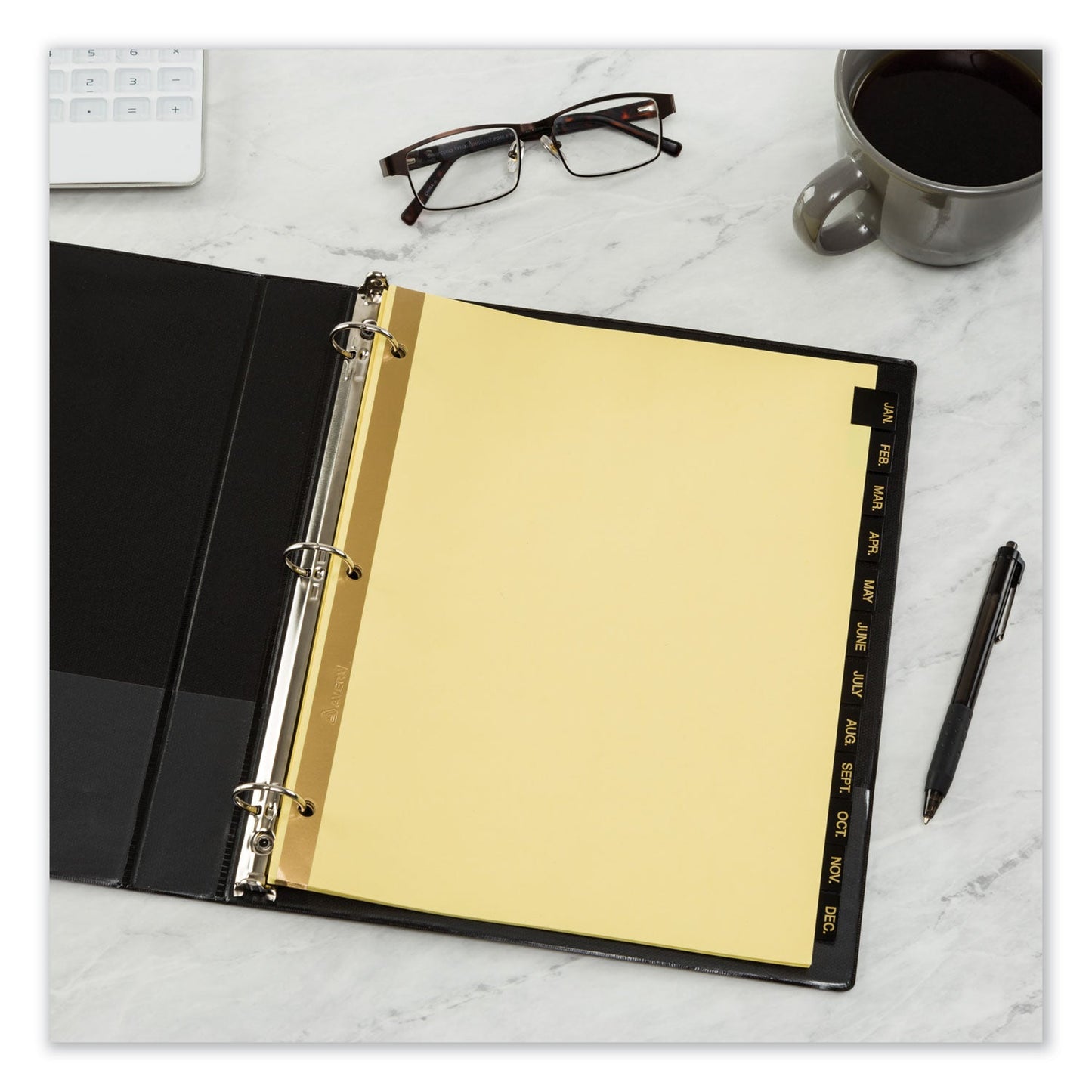 Avery Preprinted Black Leather Tab Dividers w/Gold Reinforced Edge, 12-Tab, Jan. to Dec., 11 x 8.5, Buff, 1 Set