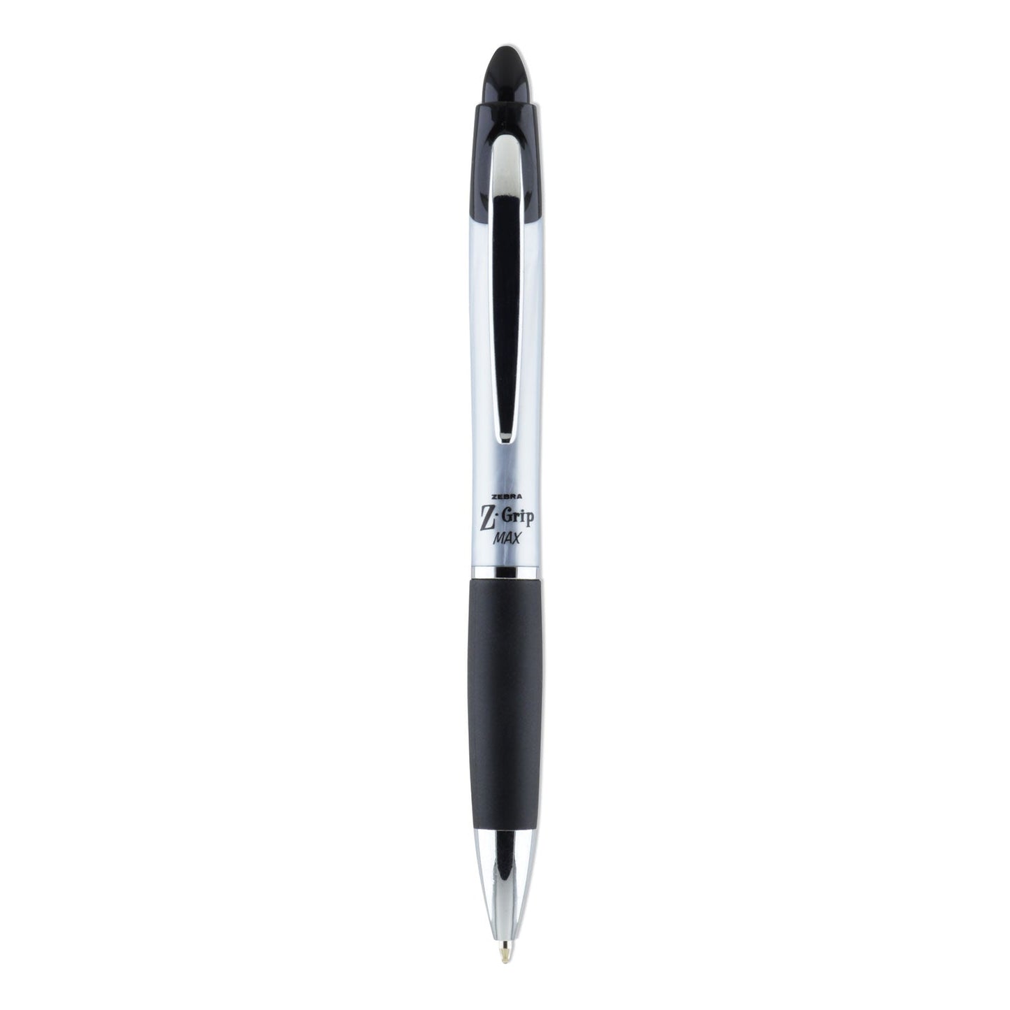 Zebra Z-Grip MAX Ballpoint Pen, Retractable, Medium 1 mm, Black Ink, Silver Barrel, 12/Pack