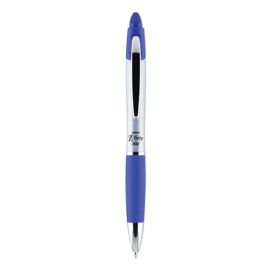Zebra Z-Grip MAX Ballpoint Pen, Retractable, Medium 1 mm, Blue Ink, Silver Barrel, 12/Pack