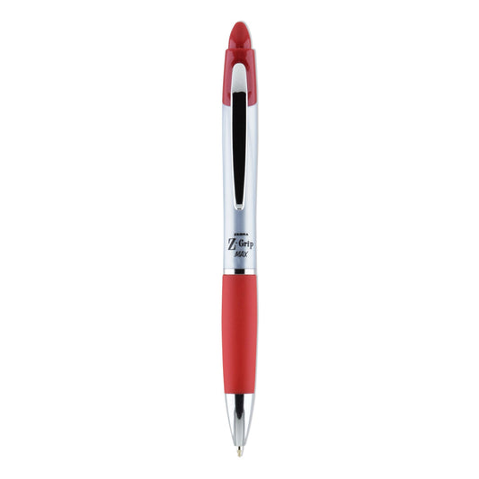 Zebra Z-Grip MAX Ballpoint Pen, Retractable, Medium 1 mm, Red Ink, Silver Barrel, 12/Pack