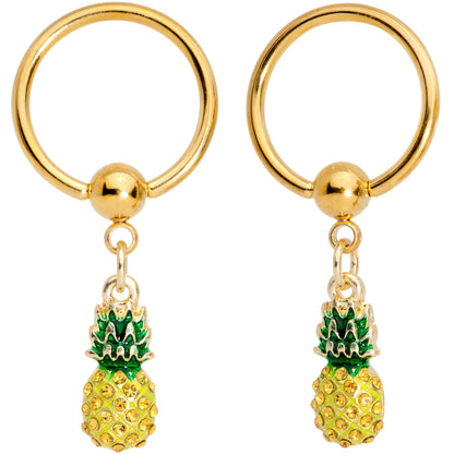 14G Clear CZ Gem Gold Tone Pineapple BCR Barbell Nipple Ring Set