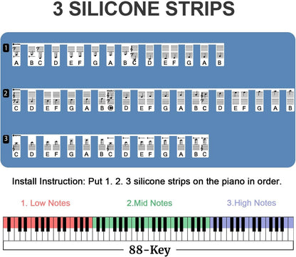 Removable Piano Key Stickers Note Labels for 88 Key Full Size Silicone Reusable Piano Keyboard Stickers for Beginners Comes with Box(Black)