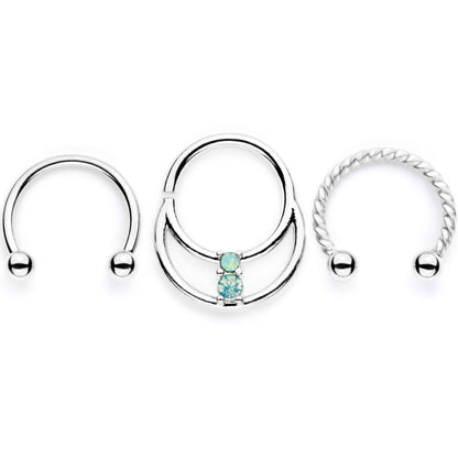 16G 3/8 Teal Faux Opal Twisted Horseshoe Closure Ring Set