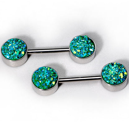 14G 9/16 Green Synthetic Druzy Garden Barbell Nipple Ring Set