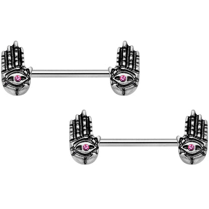 14G 9/16 Pink Gem Hamsa Hand Barbell Nipple Ring Set
