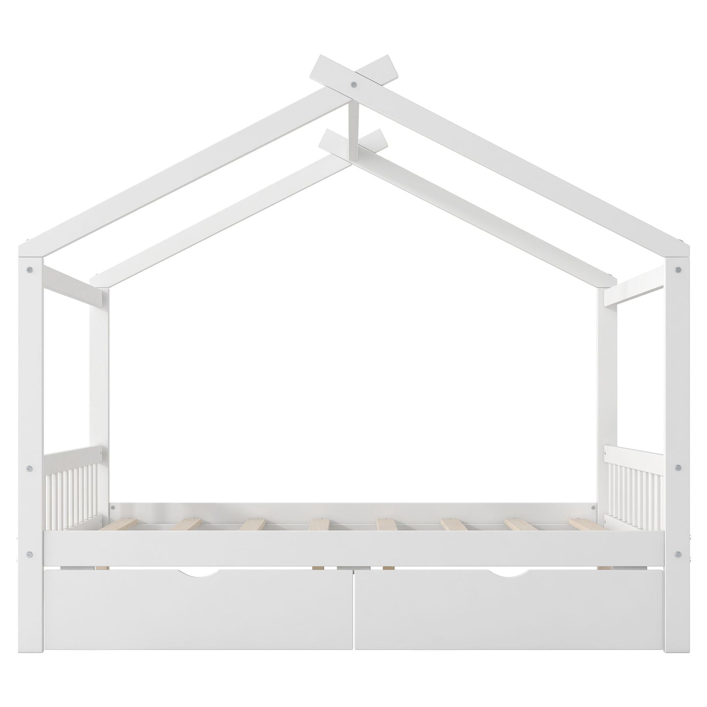 House Style Platform Bed With Headboard, Footboard, 2 Drawers, And Roof Design