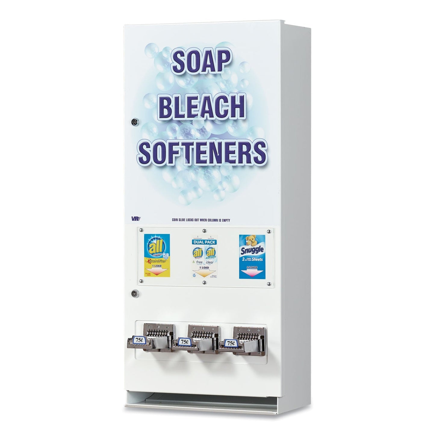 Vend-Rite Coin-Operated Soap Vender, 3-Column, 16.25 x 9.5 x 37.75, White/Blue