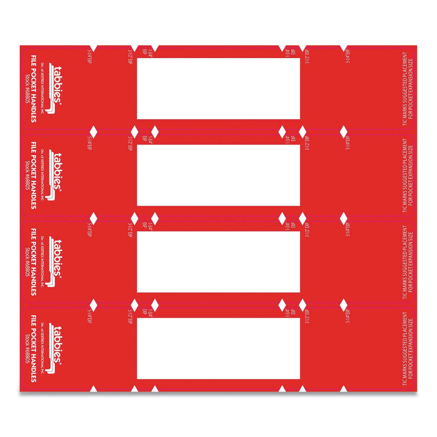 Tabbies File Pocket Handles, 9.63 x 2, Red/White, 4/Sheet, 12 Sheets/Pack