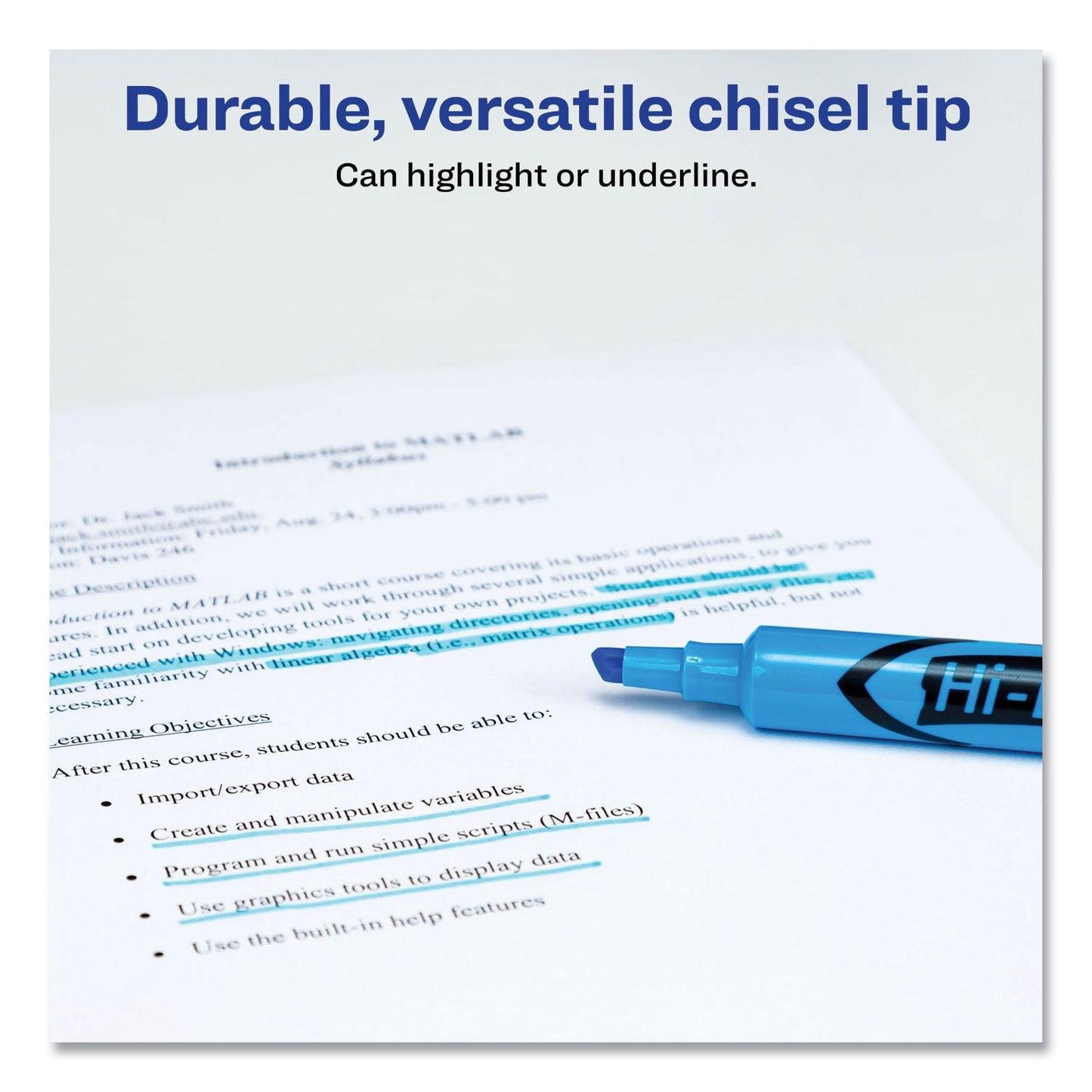 Avery HI-LITER Desk-Style Highlighters, Light Blue Ink, Chisel Tip, Light Blue/Black Barrel, Dozen
