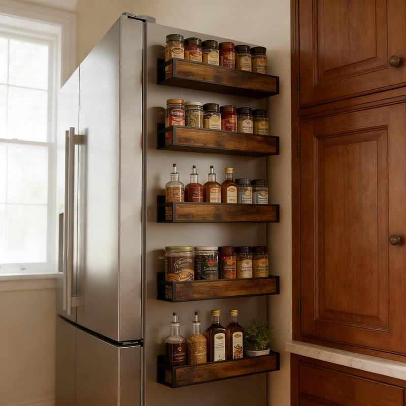 Magnetic Refrigerator Organizer Shelf｜No Drill Fridge Side Spice Rack｜Carbon Steel Magnetic Storage with Wood-Grain Look｜Strong Hold Space Saving Kitchen Organizer for Small Kitchens