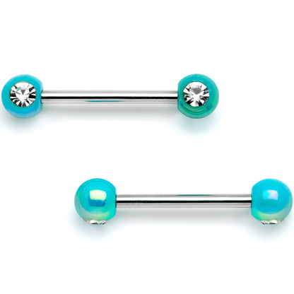 9/16 Clear Gem Teal Pearlescent Acrylic Barbell Nipple Ring Set