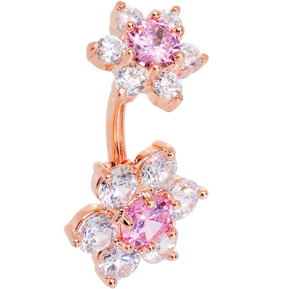 Pink Clear CZ Gem Rose Gold Tone Double Flower Delight Double Mount Belly Ring
