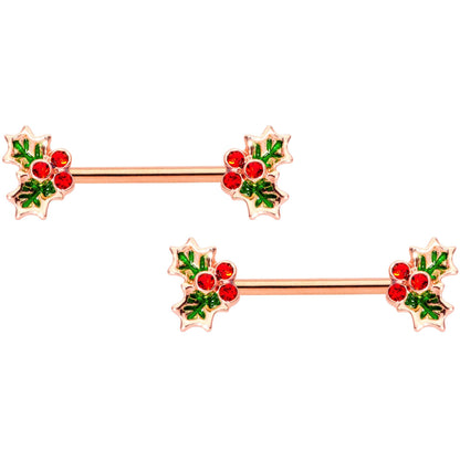 14G Red Gem Rose Gold Tone Holly Captive Barbell Nipple Ring Set