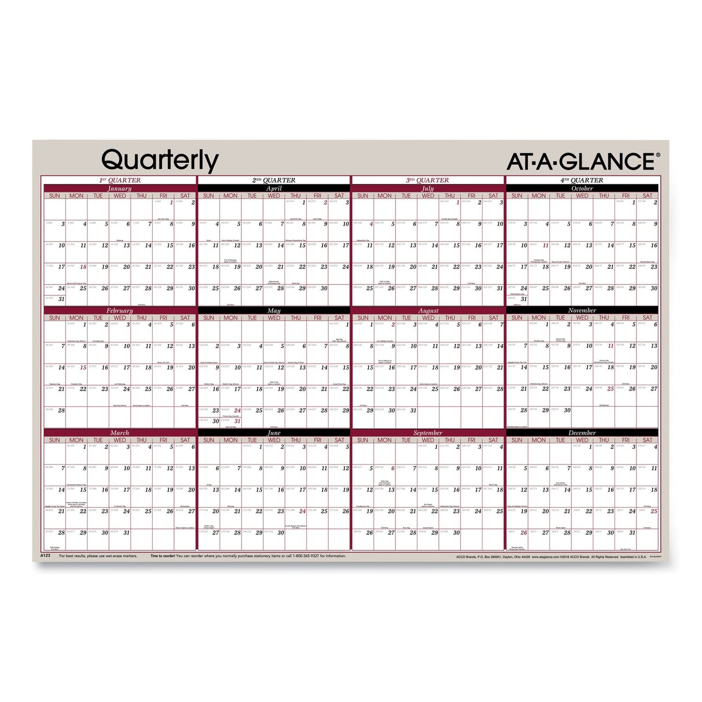 AT-A-GLANCE Vertical/Horizontal Erasable Quarterly/Monthly Wall Planner, 24 x 36, White/Black/Red Sheets, 12-Month (Jan to Dec): 2023