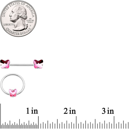 14G 9/16 1/2 Pink Butterfly Gem BCR Barbell Nipple Ring Set