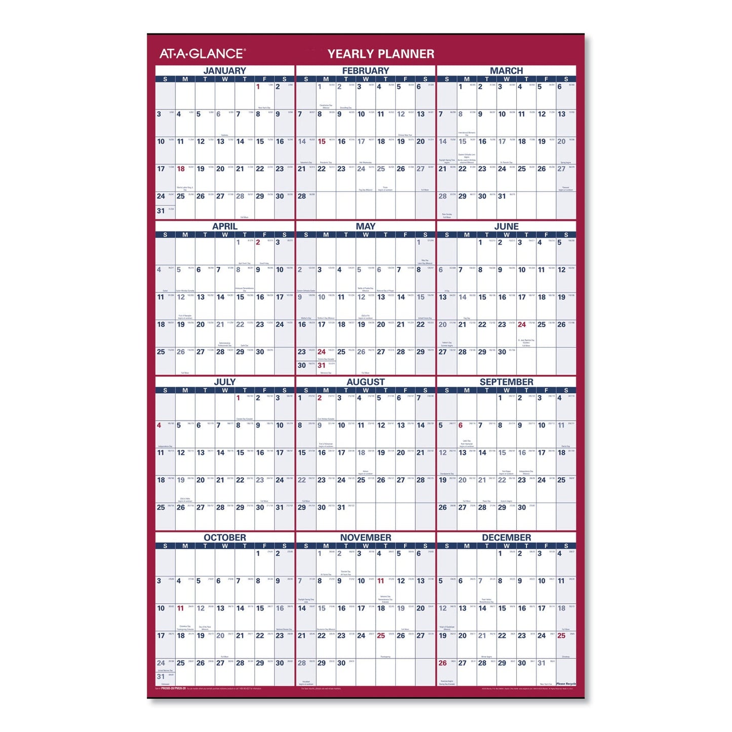 AT-A-GLANCE Erasable Vertical/Horizontal Wall Planner, 24 x 36, White/Blue/Red Sheets, 12-Month (Jan to Dec): 2023