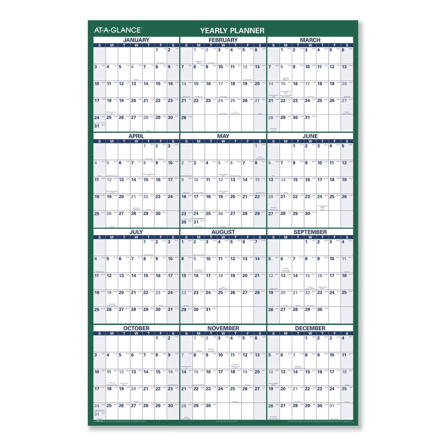 AT-A-GLANCE Vertical Erasable Wall Planner, 32 x 48, White/Green Sheets, 12-Month (Jan to Dec): 2023