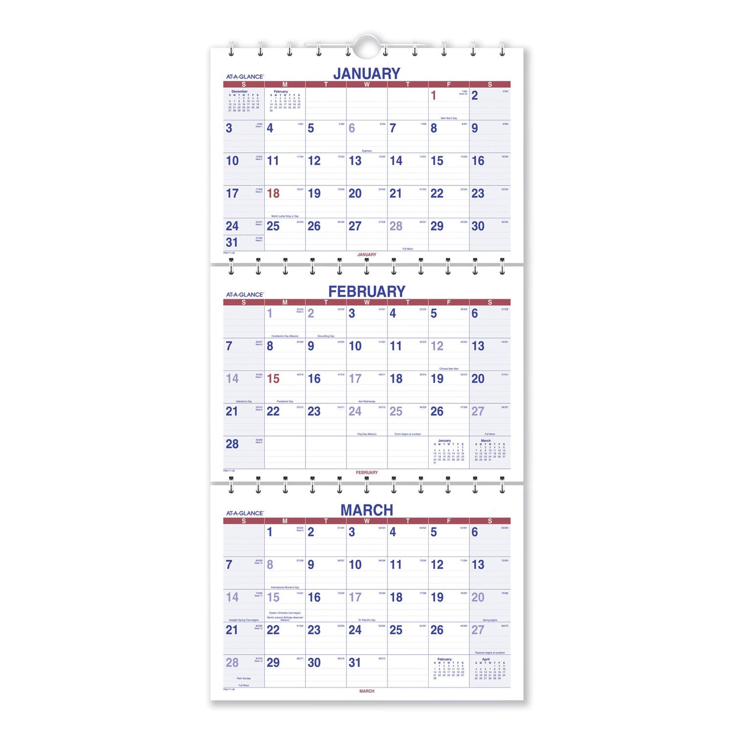 AT-A-GLANCE Move-A-Page Three-Month Wall Calendar, 12 x 27, White/Red/Blue Sheets, 15-Month (Dec to Feb): 2022 to 2024