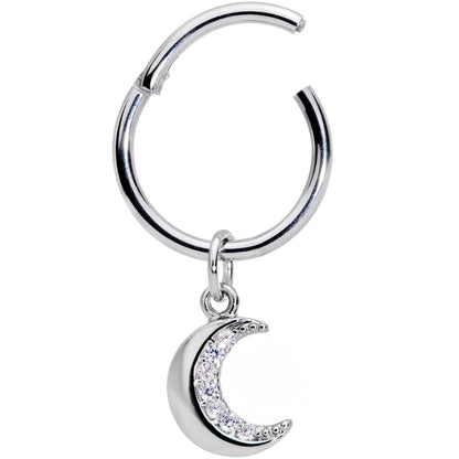 16G 3/8 Clear CZ Gem Crescent Moon Dangle Hinged Segment Ring